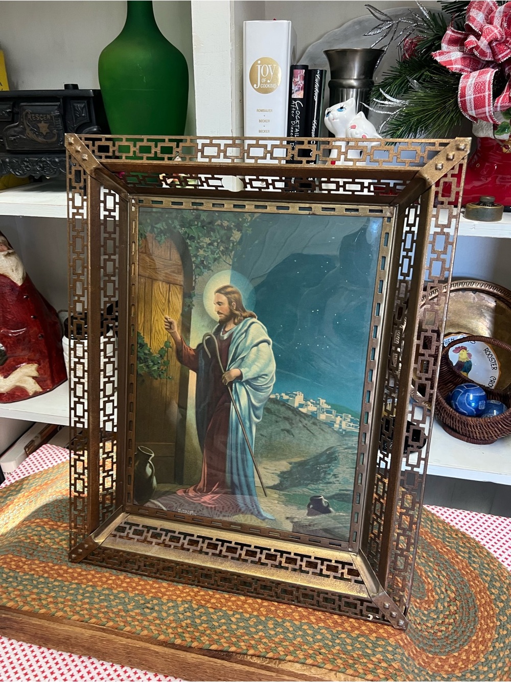Vintage Jesus knocking at door metal framed retro religious